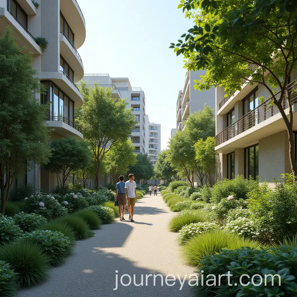 Urban-Pathway-with-Greenery-and-Pedestrians-Near-Round-Building-and-Apartments