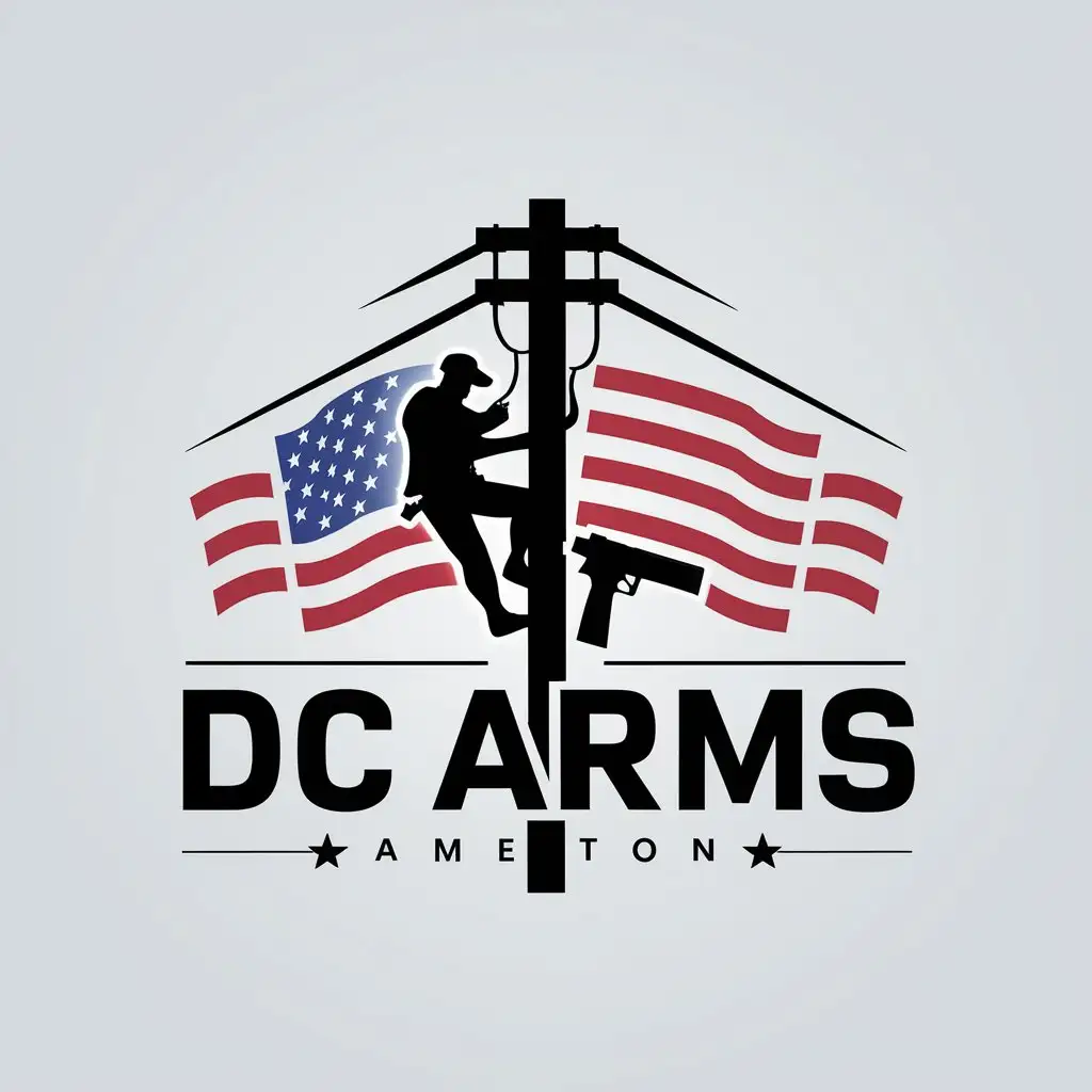 LOGO Design for DC Arms Minimalistic Vector with Lineman Climbing Powerline Pole Guns and American Flag