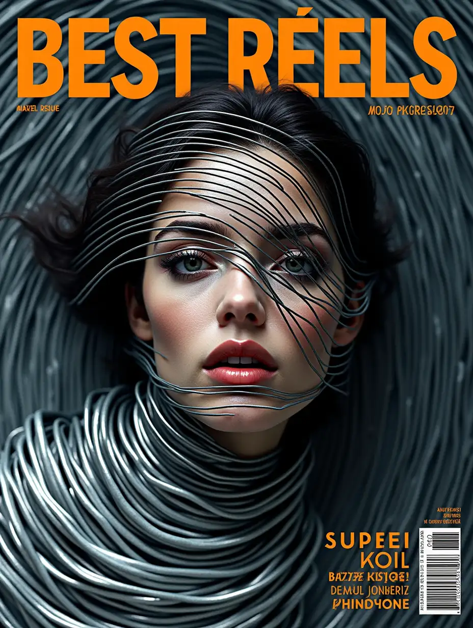 MAGAZIN COVER TITEL :BEST REELS, a mesmerizing woman wrapped in a swirling vortex of stripes. The lines twist and spiral around her, blending her figure into the dynamic, surreal ESCHER  pattern. Her face is calm, partially hidden within the hypnotic waves of stripes, creating an otherworldly, ethereal look., metallic and striking against the abstract design. Cover highlights include: 'The Power of Stripes: a New rissing star: @mojopictures007 ', 'Surreal Glamour: Art Meets: @amsterdamaicreator'