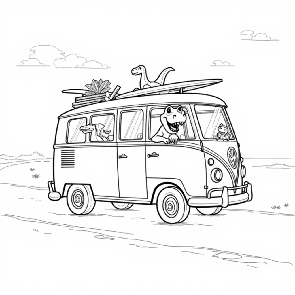 Smiling-Dinosaur-Driving-Retro-Volkswagen-Van-with-Tiny-Dinosaurs-on-Scenic-Beachside-Road