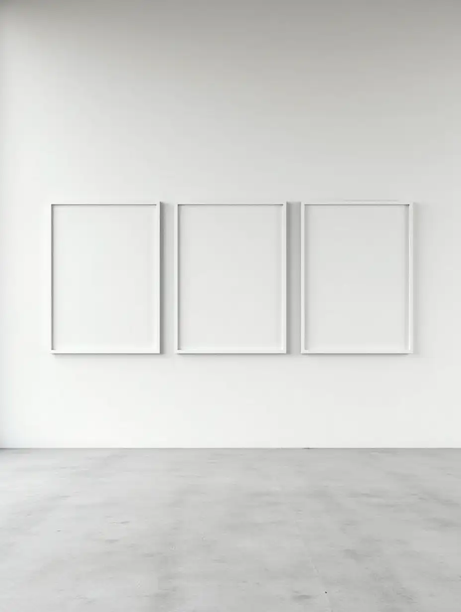 Contemporary-Art-Gallery-with-Three-Large-White-Frames-on-Concrete-Floor