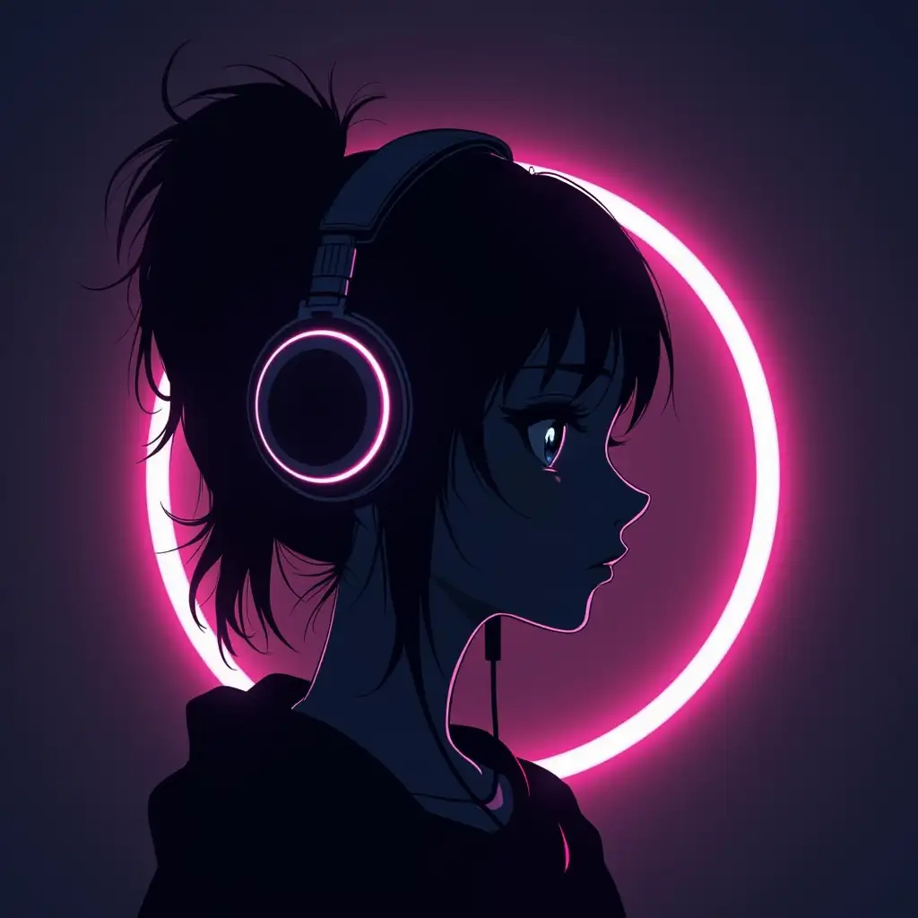 cyberpunk anime face silhouette with headphones, cyberpunk atmosphere, clean background, neon circle line in the background