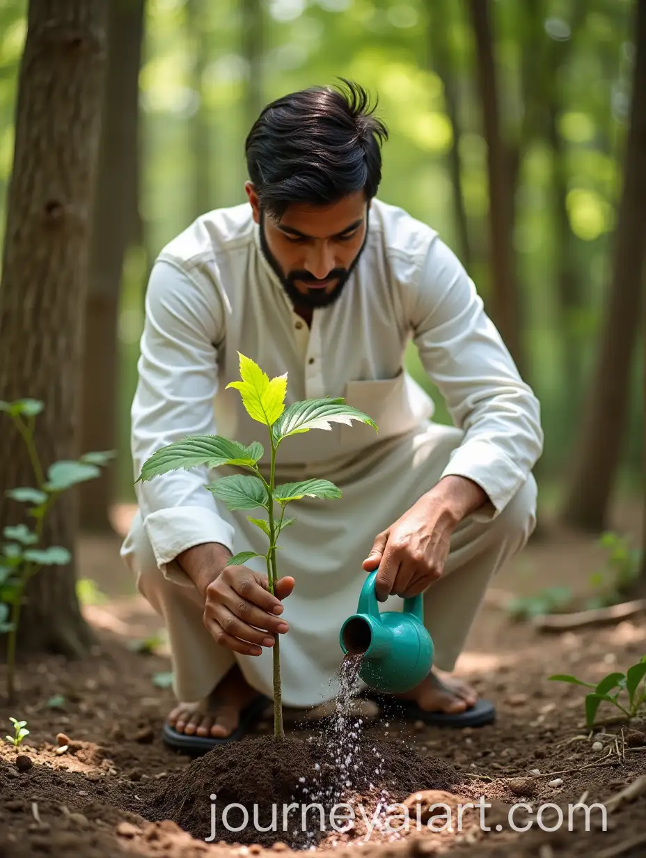 Indian-Man-in-White-Kurta-Watering-Tree-Roots-in-Sunny-Forest