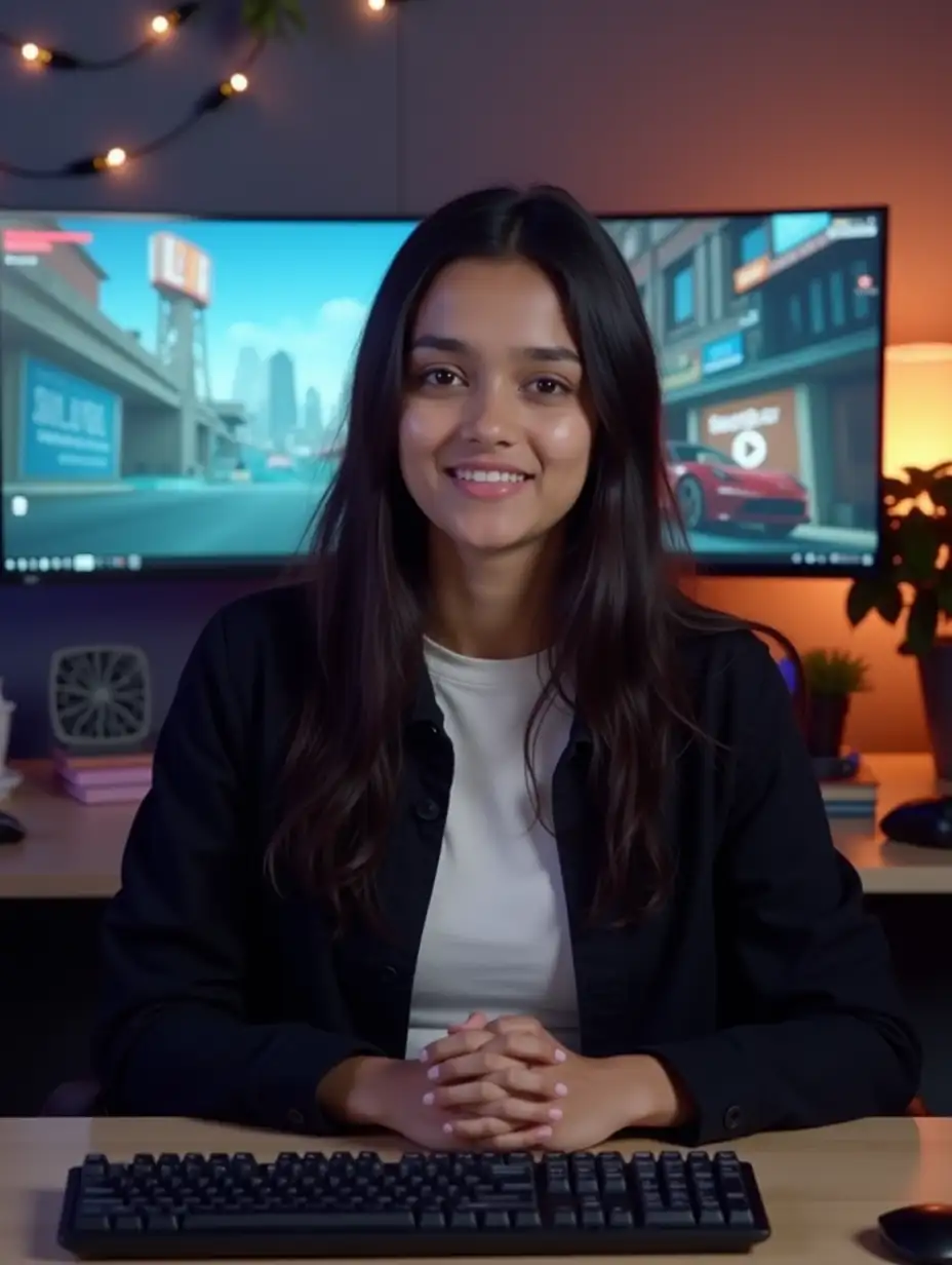 Create a high-quality video of a young Indian girl in her early to mid-20s, sitting in a modern gaming setup. She has long, well-groomed hair and wears a black jacket over a white t-shirt. Her facial expression is calm and focused, with a slight hint of engagement as if she is speaking to an audience or explaining something. The background features two large computer monitors with soft, blurred screens displaying gaming and tech-related content. The ambient lighting is warm, with small LED lights glowing in the background. The desk is clean and organized, featuring a keyboard, mouse, and some decorative items like books and a small plant. The camera angle is straight-on, capturing her upper body and face in sharp detail. The lighting is well-balanced, with soft shadows adding depth to the scene. Her voice is clear and confident, speaking in a relaxed and engaging manner, possibly providing tech or gaming-related commentary.