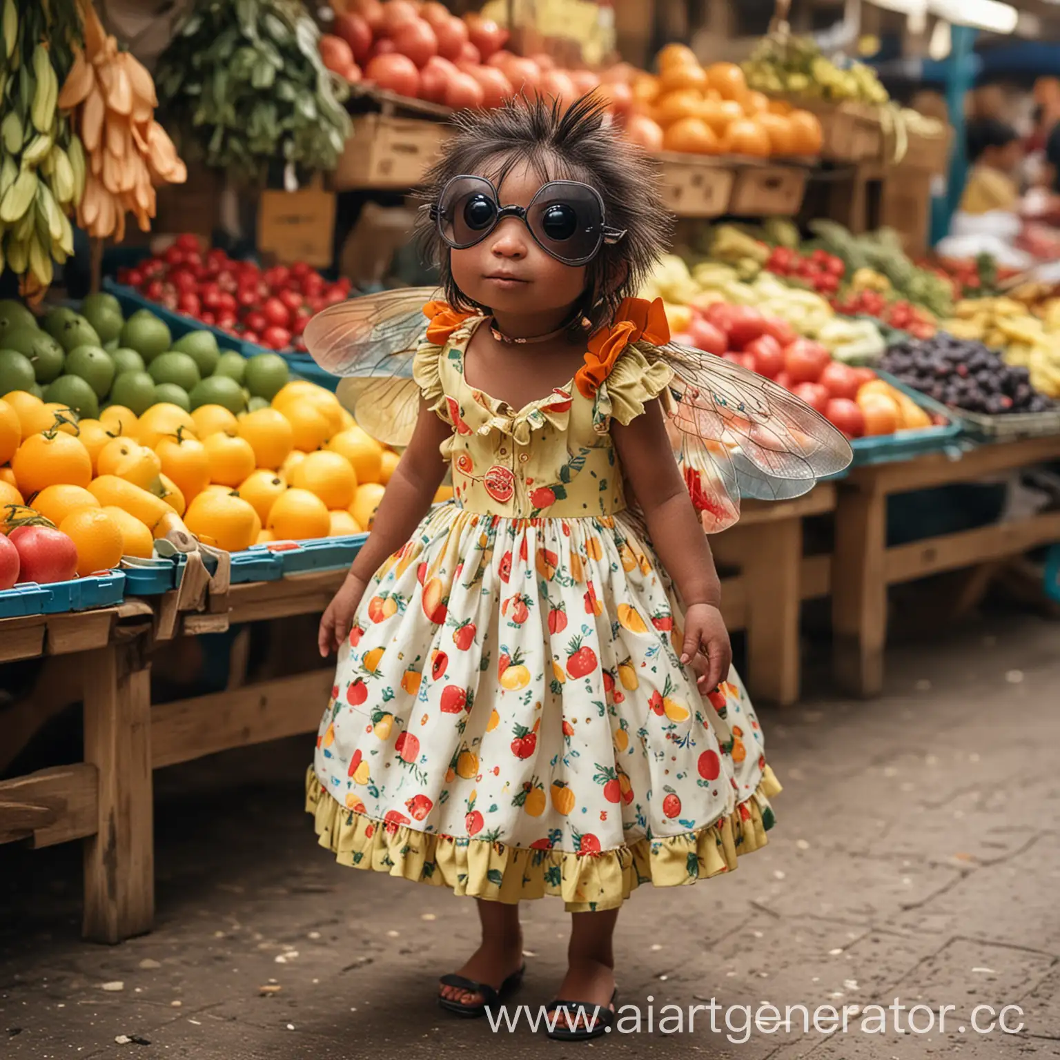 a cute fly in a dress in a fruit market