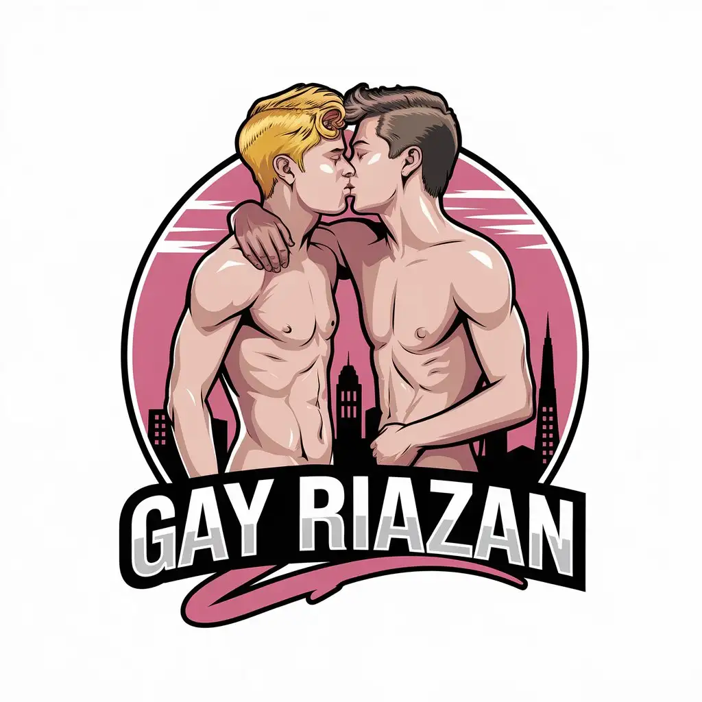 a vector logo design,with the text "Gay Riazan", main symbol:Two young naked gay guys, blonde and brunette, passionately kissing, city in the background, pinkish background,Moderate,be used in Events industry,clear background