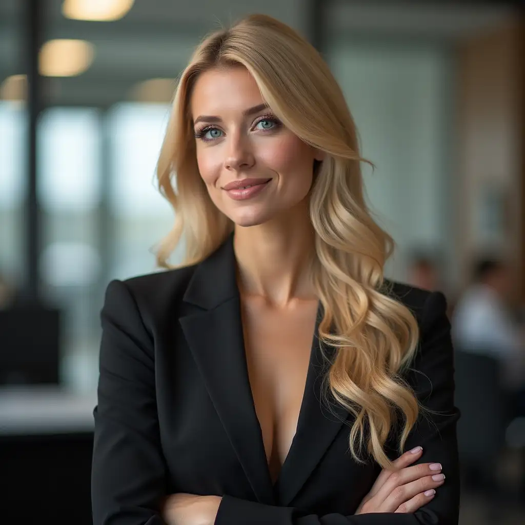 Confident-Blonde-Giantess-in-Office-Overlooking-Employee