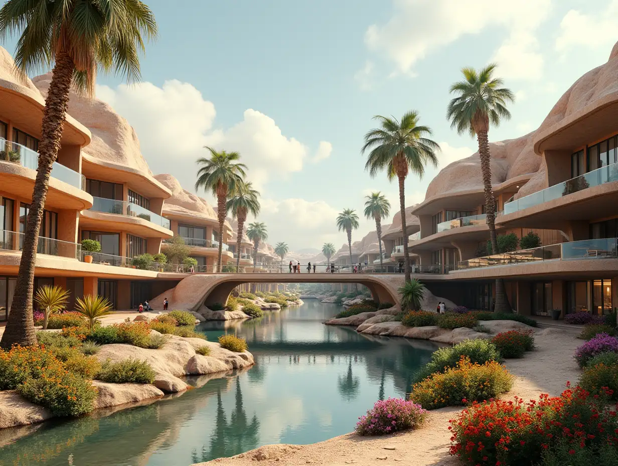 Create a high-resolution, realistic panorama image of a large futuristic terrace building settlements with window bridge, many people, many plants and colorful flowers White and brown facades in front of the desert oasis, big trees, very cloudy sky