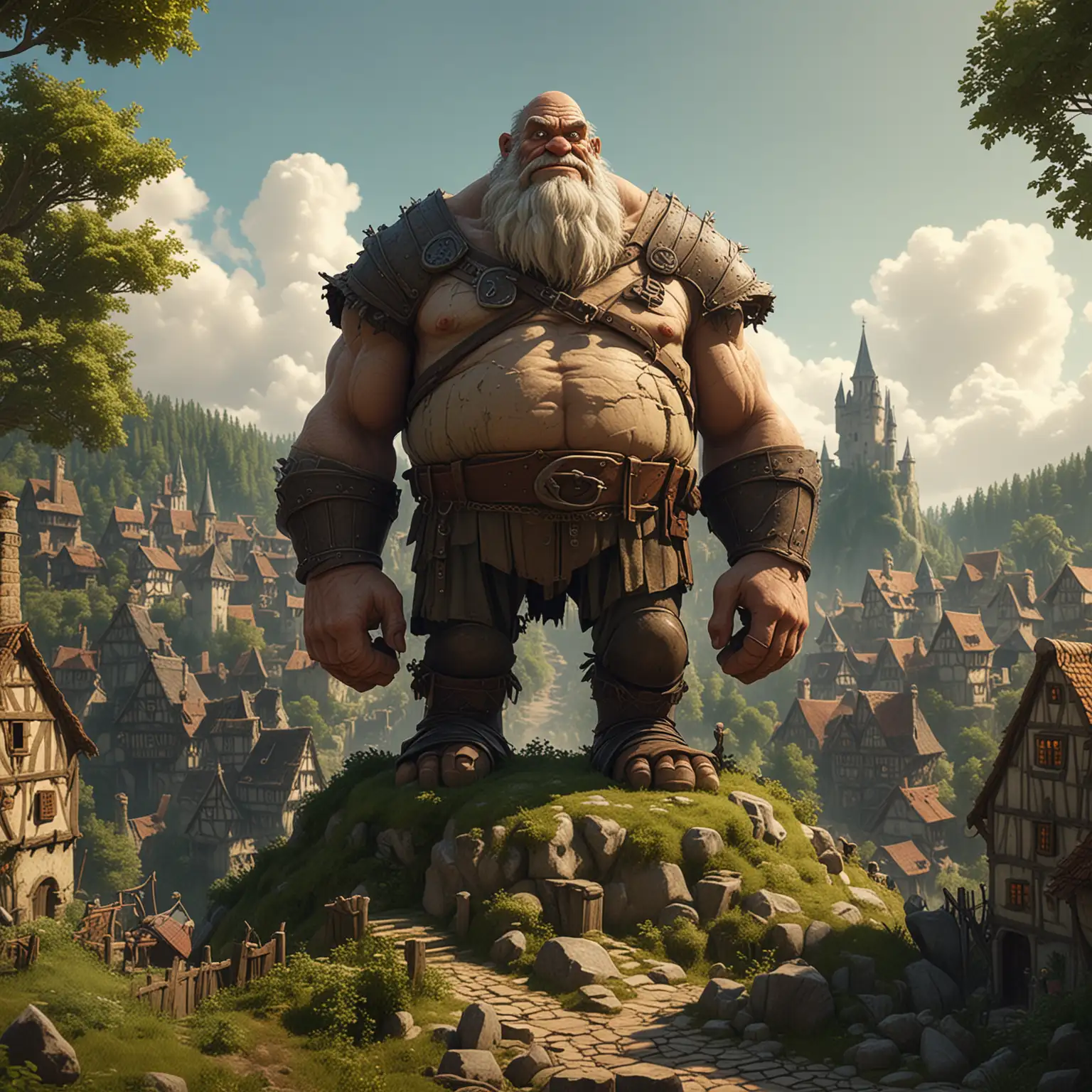 Medieval Giant Standing Over Small Village in Forest Pixar Style