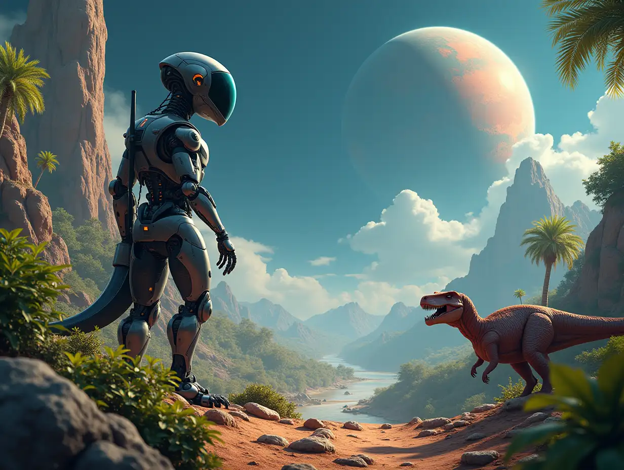 AI on foreign planets with foreign plants with dinosaurs in a 4K resolution