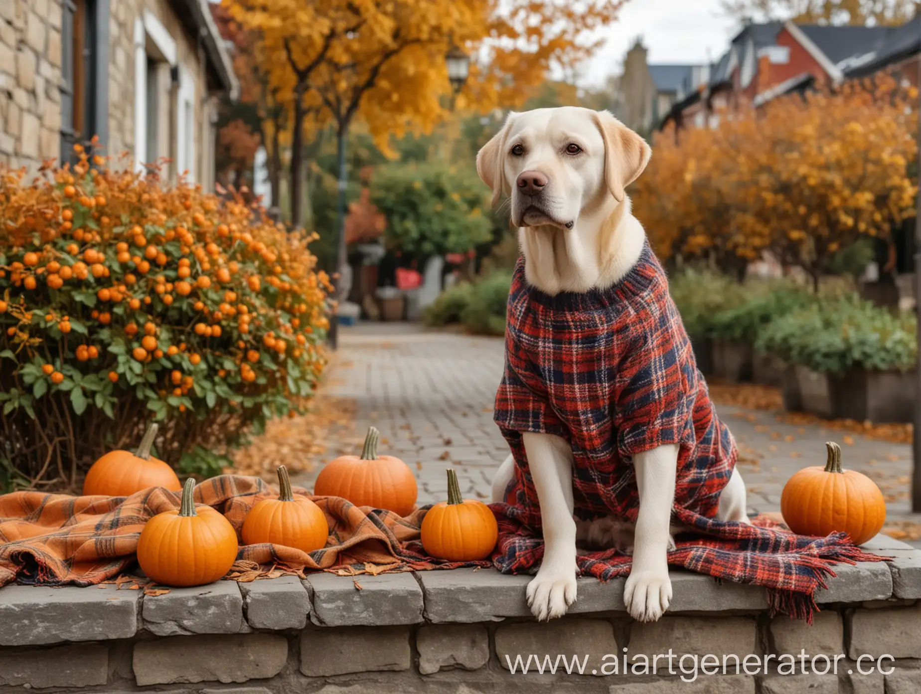 Labrador-Dog-in-Sweater-Sitting-on-Autumn-Bench-with-Pumpkin