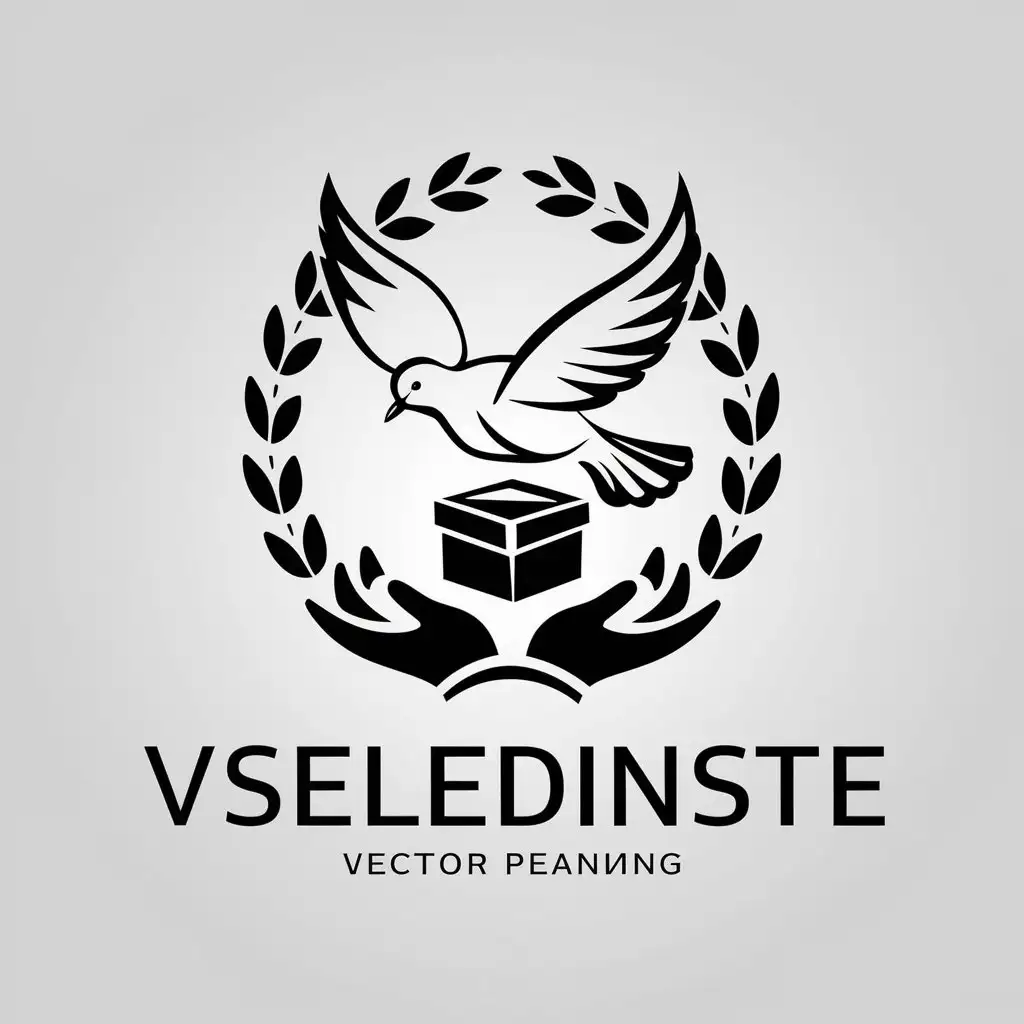 a vector logo design,with the text "Vseledinste", main symbol:Dove with spread wings carrying a box in a wreath of helping hands,Minimalistic,clear background