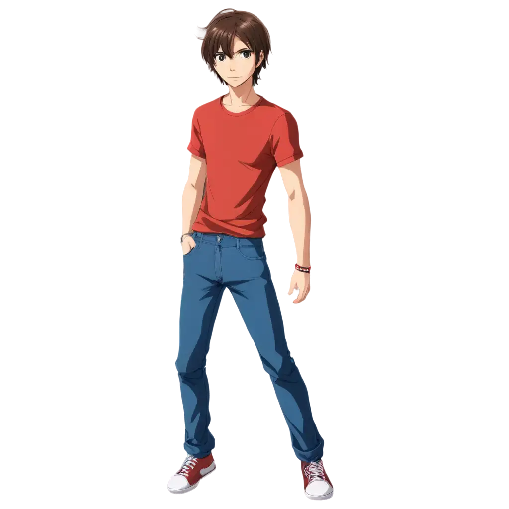 Anime-Teen-man-with-red-shirt-and-blue-pants-with-brown-hair-and-brown-eyes-with-no-shoes