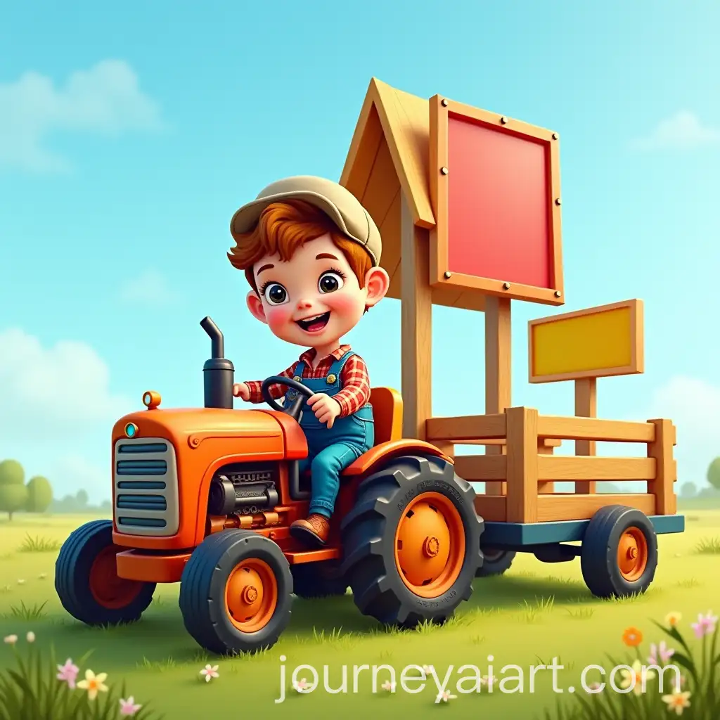 Young-Boy-Driving-Colorful-Tractor-with-Advertising-Trailer-in-Countryside