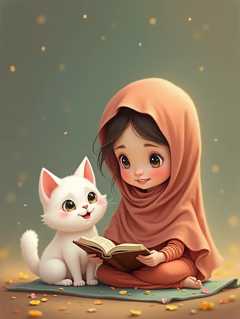 A cute little girl and a cute little white cat, both of them reading the Holy Quran, and the girl is also wearing a dupatta and a 3D cartoon picture.