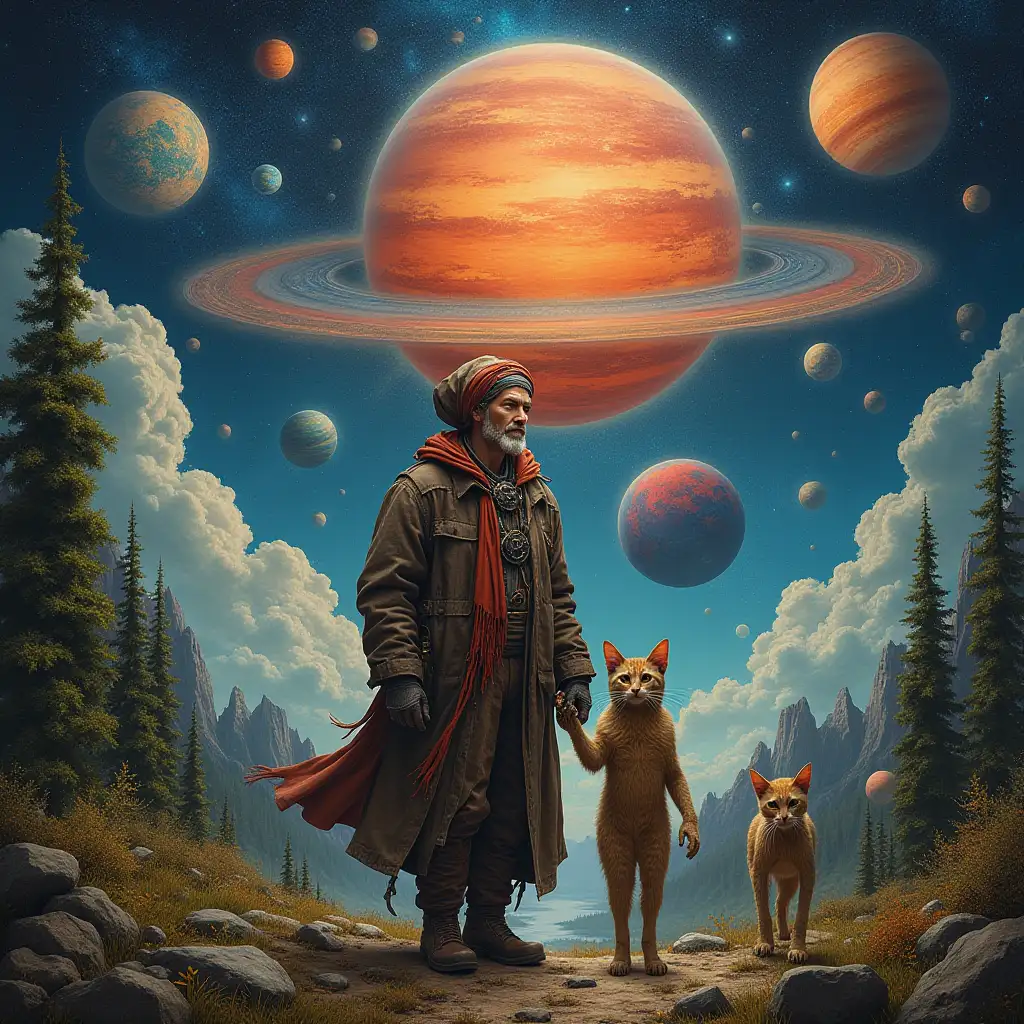 Hyperrealistic portrait of a multiverse time traveler and various strange beings. Intricately detailed, colorful forested planets in the background