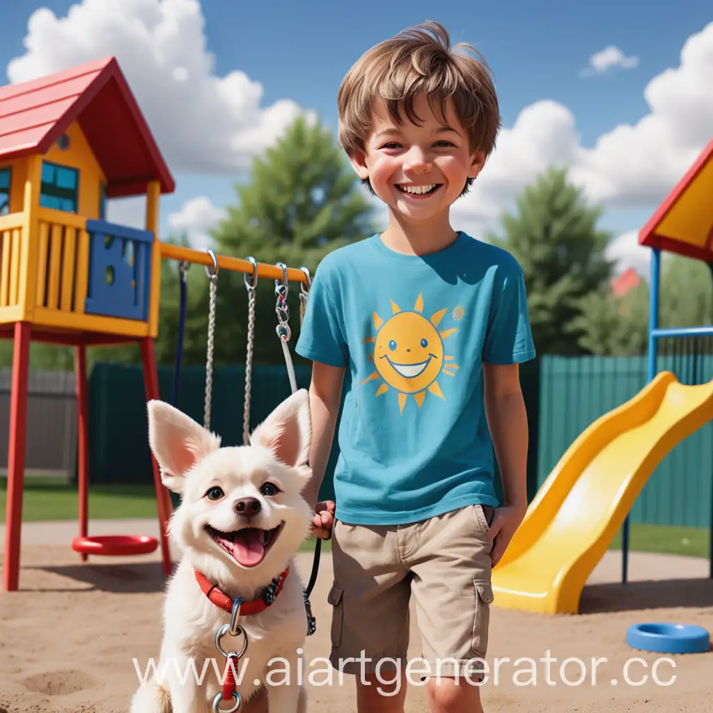 A boy named Sam is standing with an open smile. He has short hair, he's wearing a t-shirt and shorts. In one hand he holds a ball, and in the other he's holding a leash, with his dog Snupi firmly sitting on it. Snupi is small, fluffy, with large ears and kind eyes. She also looks happy and eager to play. In the background there is a children's playground. There are swings, a slide, and a sandbox. You can add several children, toys, and bright houses to create an atmosphere of joy. Over the playground, there may be a sun with a smiling face and clouds.