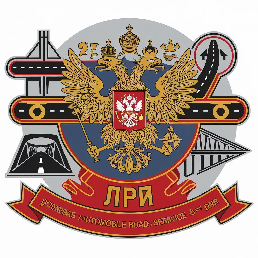 a vector logo design,with the text "DPR 'Donbas Automobile Road Service' of the DNR", main symbol:Two-headed eagle of Russia, highway, bridge, tunnel, overpass, elevated highway,Moderate,be used in Construction industry,clear background