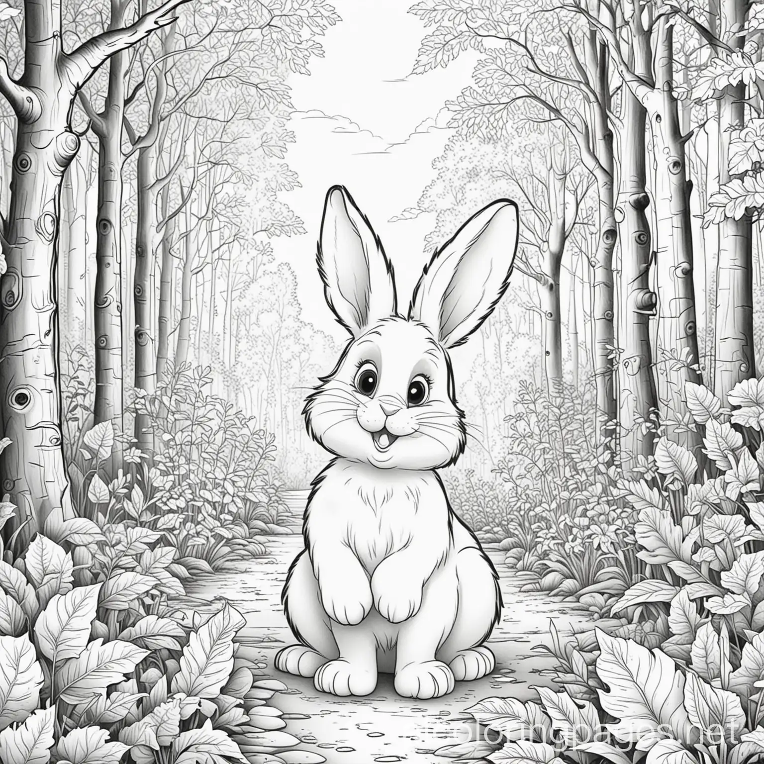 Happy Rabbit in Forest, Coloring Page, black and white, line art, white background, Simplicity, Ample White Space. The background of the coloring page is plain white to make it easy for young children to color within the lines. The outlines of all the subjects are easy to distinguish, making it simple for kids to color without too much difficulty