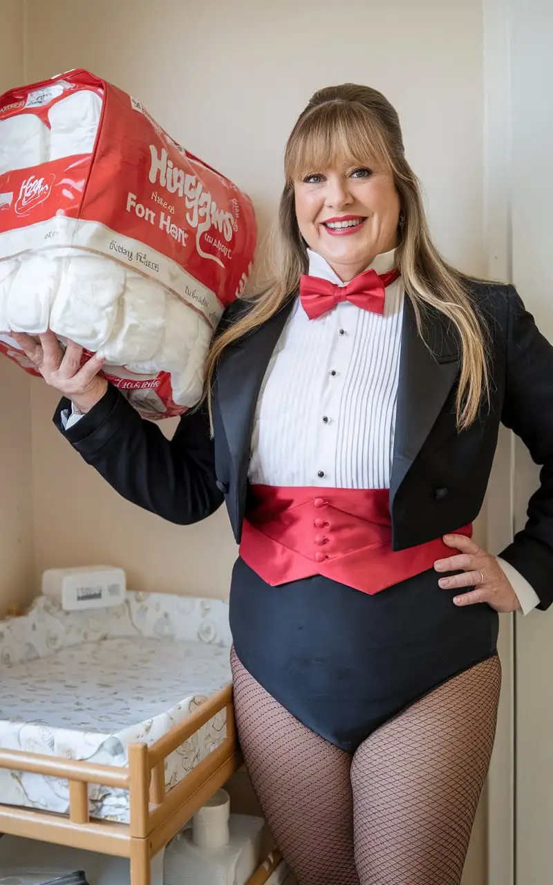 Smiling-MiddleAged-Woman-in-Formal-Tuxedo-Holding-Huggies-in-Nursery