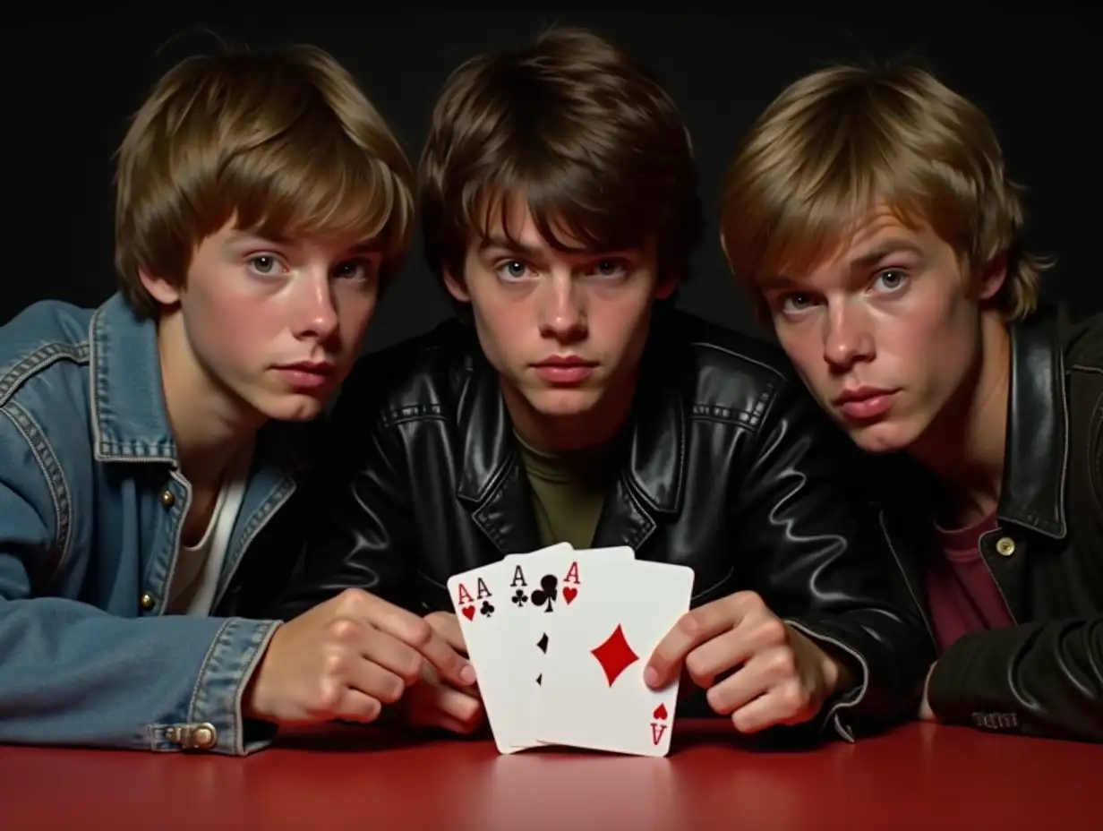 Three-20YearOld-Bad-Boys-in-60s-Style-Staring-at-Four-Aces-of-Cards
