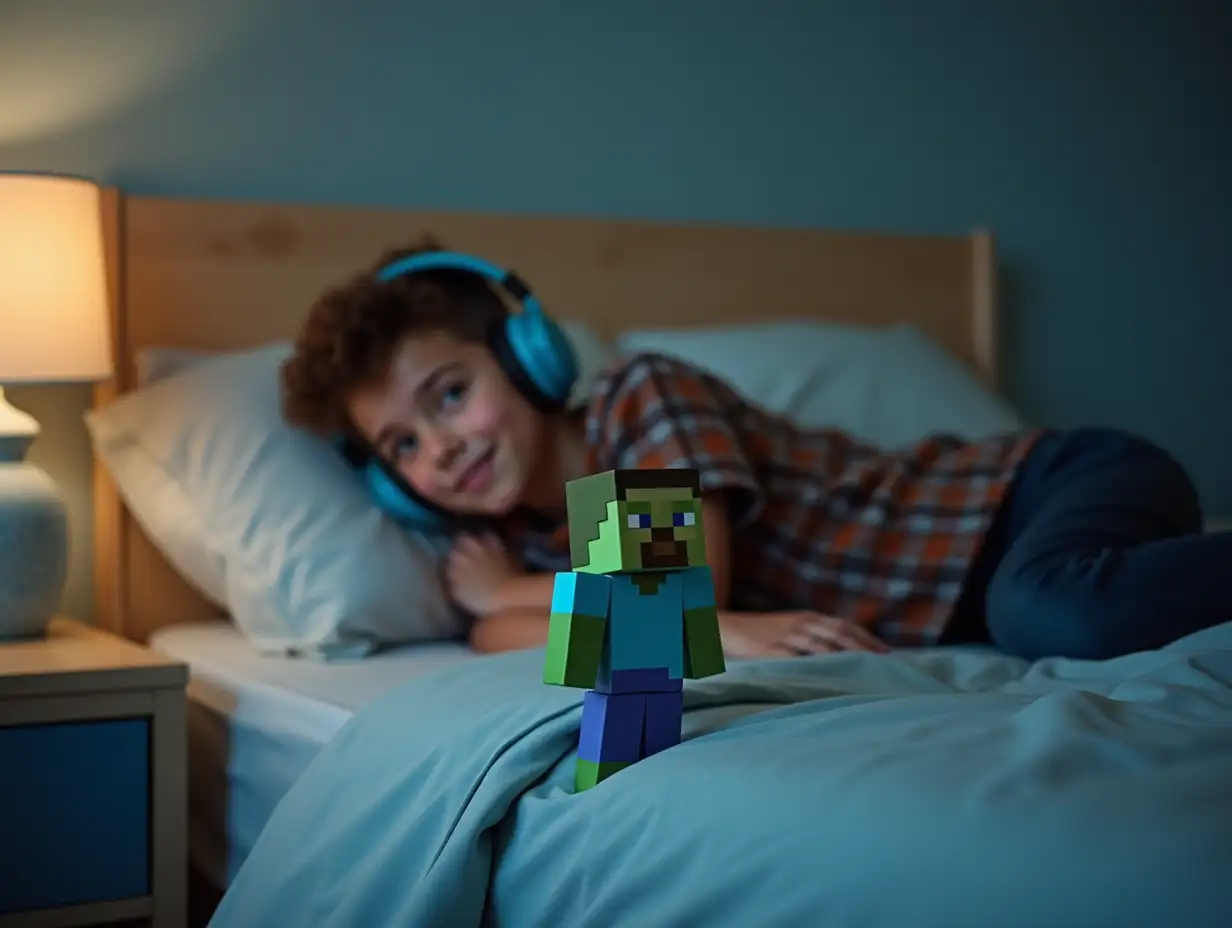 Teenage-Boy-Relaxing-with-Headphones-and-Minecraft-Toy-on-Bed