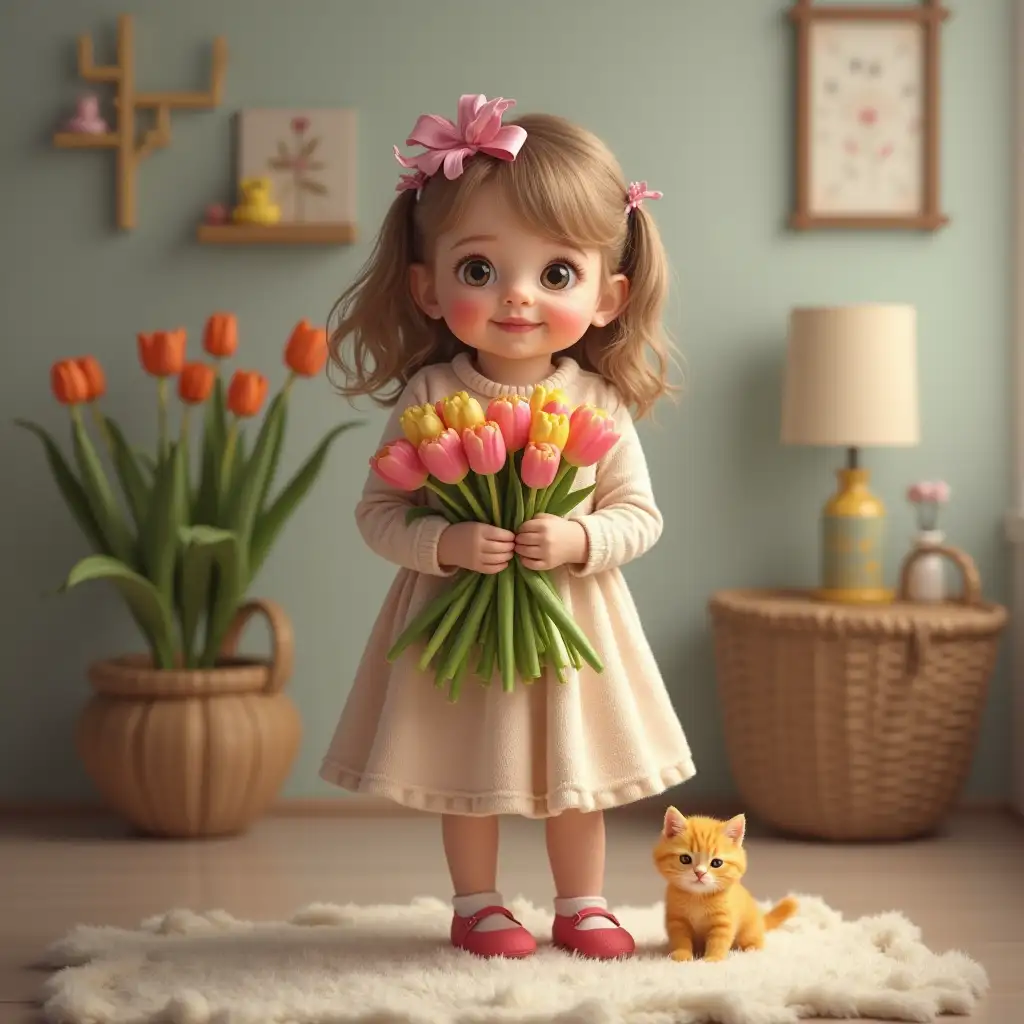 Generate a realistic spring photo of a cute 3 year-old girl standing in a homely atmosphere with a bouquet of Tulip flowers in one hand and small yellow coloured cat in other hand.