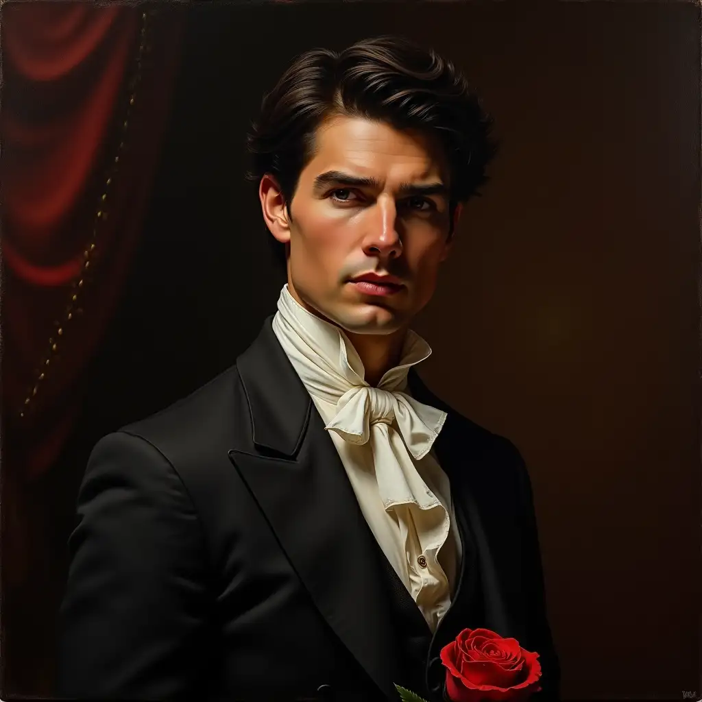 Oil painting, portrart a young and handsome Tom Cruise 20 yeare old, is dressed in an elegant Renaissance-style suit. Close-up,  His black hair is beautifully styled and he poses with a mysterious face. A perfect clear face without wrinkles. He holds a rose in one hand. The background of the painting is made in dark tones in the classic style of an oil portrait of the Renaissance, with cinematic lighting, hyperrealism and grandeur characteristic of historical portraits