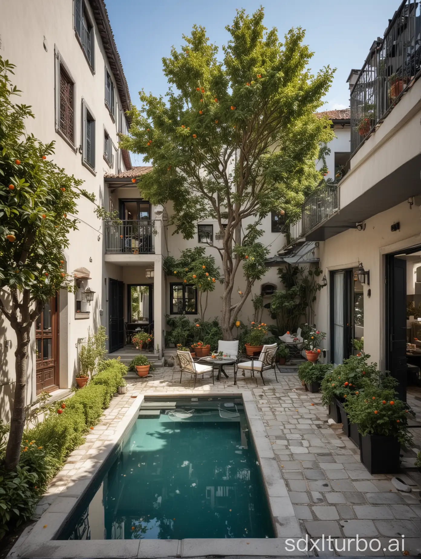 image of a two-storey duplex apartment with classic design that in the courtyard has a shallow depth lacquer pool with a fireplace and decorative trees and fruits, where in the parking lot there is a parked car and the air is very clean and fresh