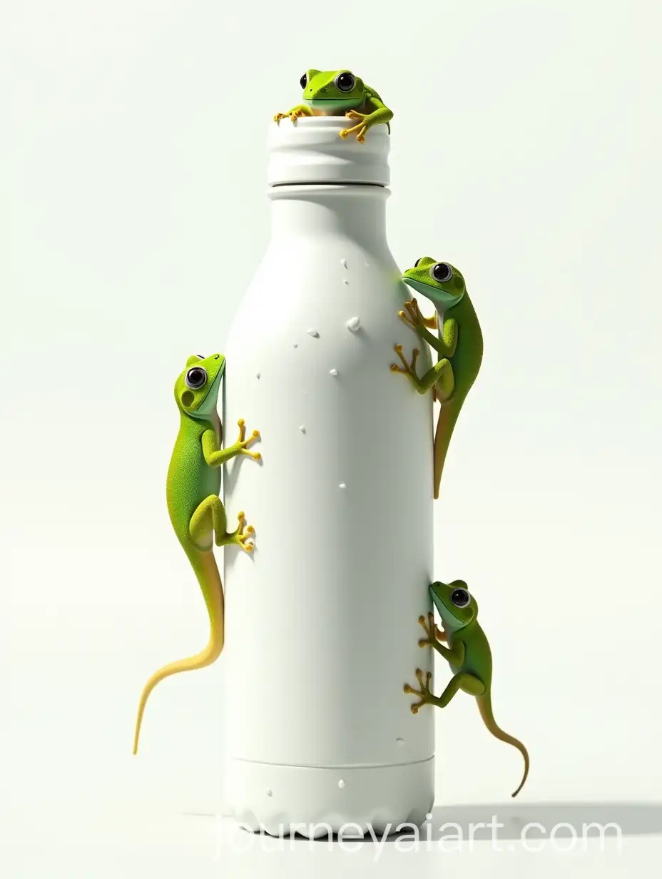 Geckos-Climbing-a-White-Matte-Cylindrical-Water-Bottle-in-a-Clean-Studio