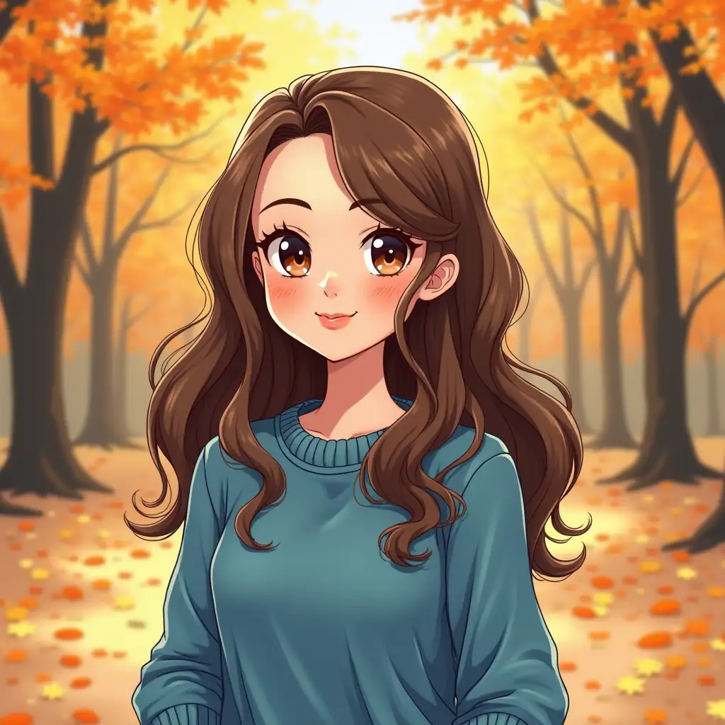 Draw a beautiful girl with brown hair, dressed in a blue sweater, standing in an autumn park with fallen leaves on the ground and trees in the background. Show her smile and the sparkle in her eyes to convey the atmosphere of a cozy autumn day.