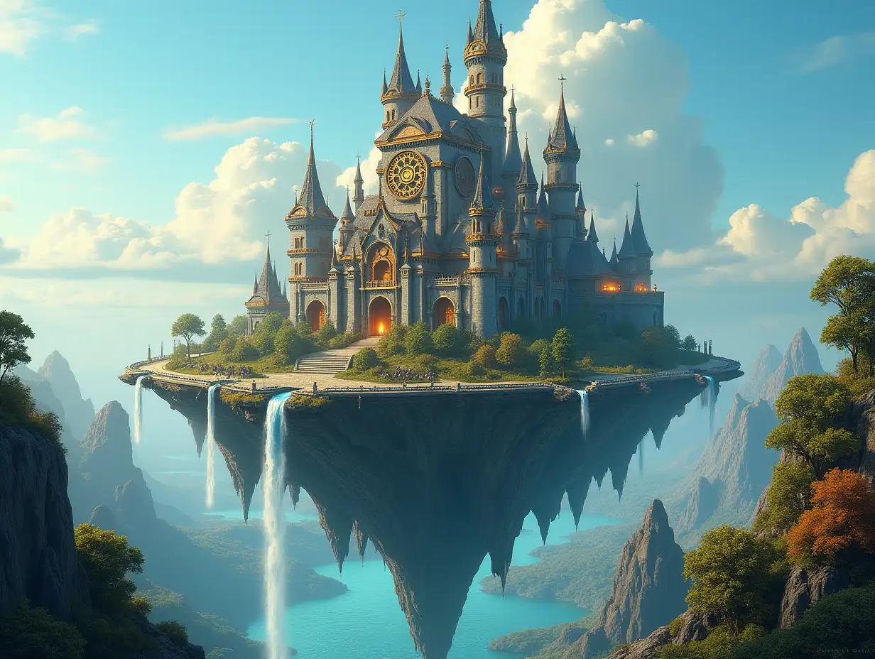 A Fantasy-style floating island world with a castle made of metal, towers adorned with bronze gears, bronzed towers, streets with glowing lanterns, tree-lined water with waterfall, clear sky without clouds, Steampunk panorama