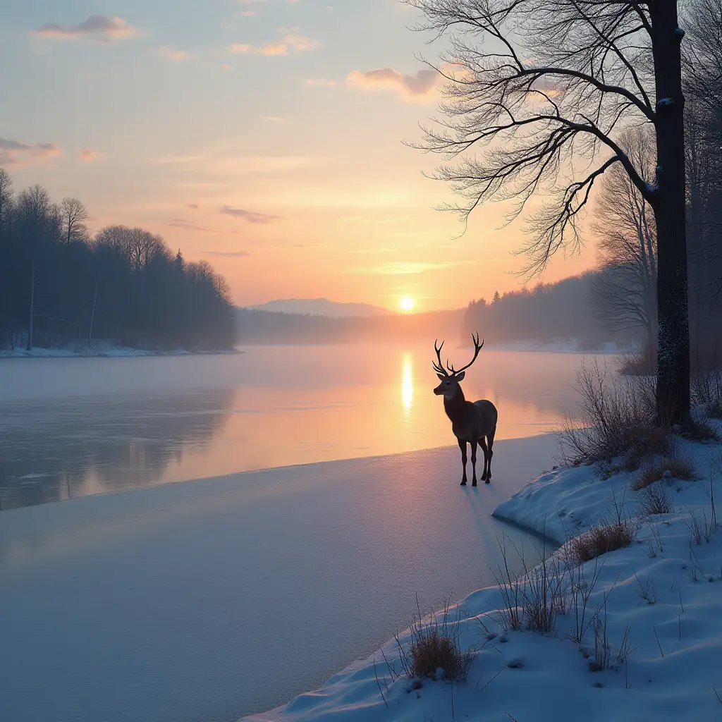 Stunning-Sunset-Over-a-Frozen-Lake-with-a-Stag