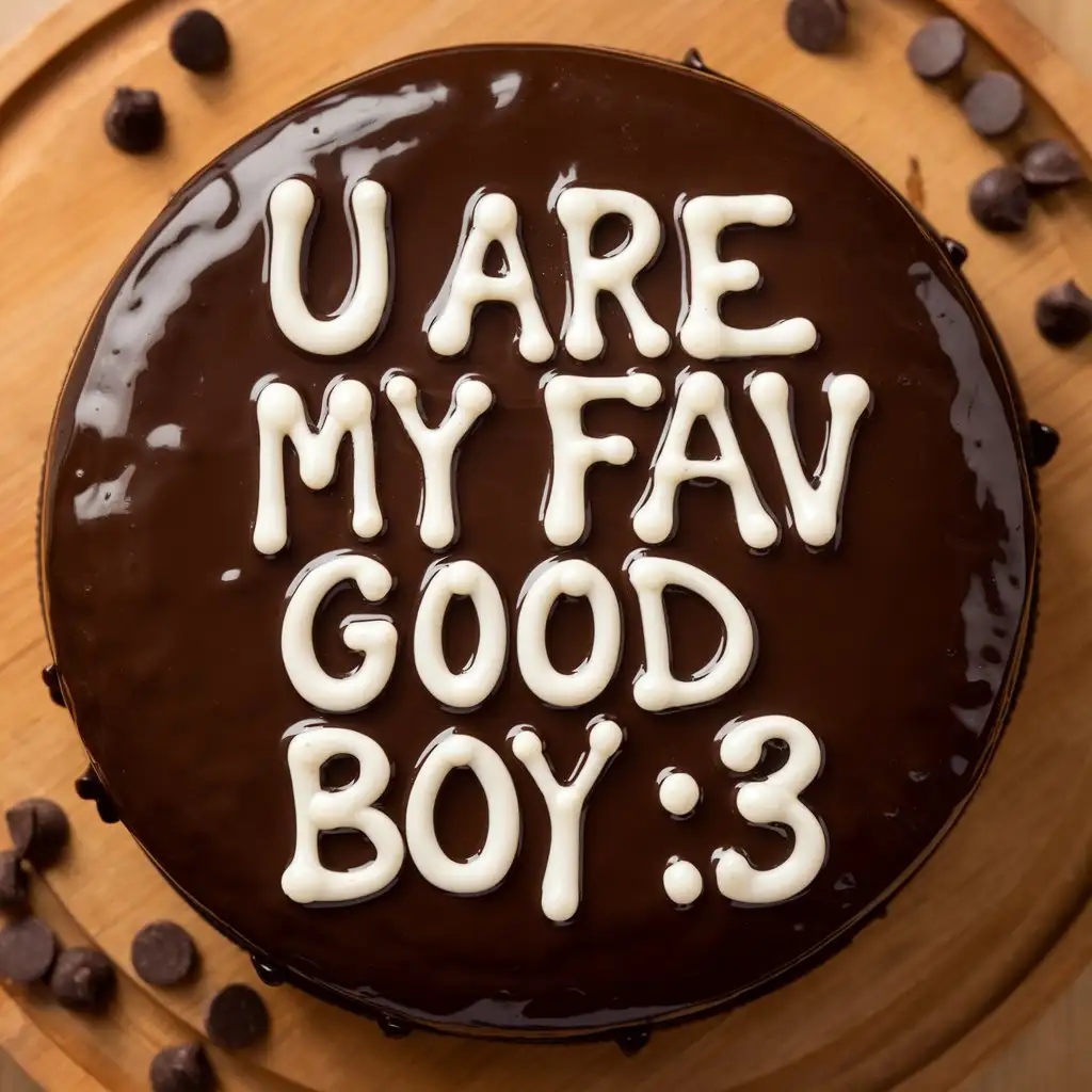 Eagle's eye view of a chocolate cake that has the words "u are my fav good boy :3" written on it in white, gooey, liquid