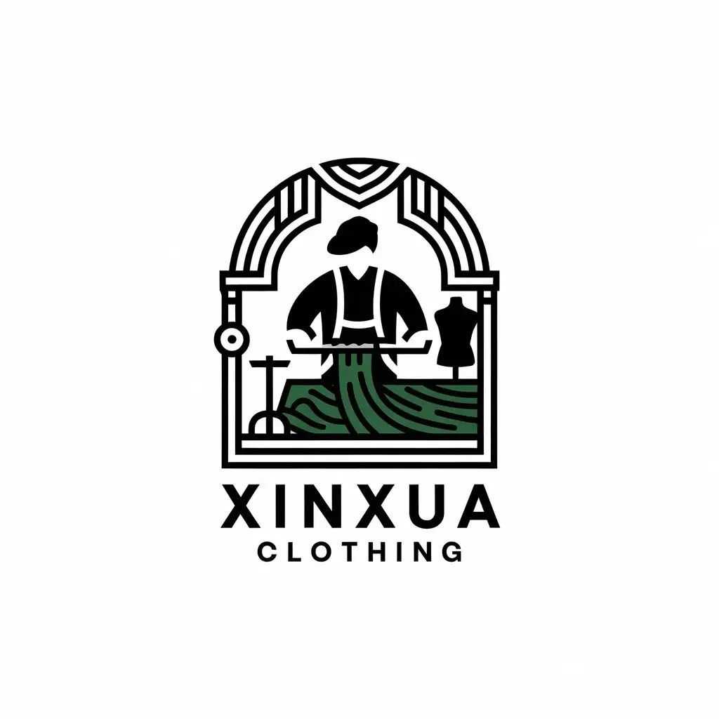 a vector logo design,with the text "Xinxua Clothing", main symbol:Weaving, man, tailoring,Moderate,clear background