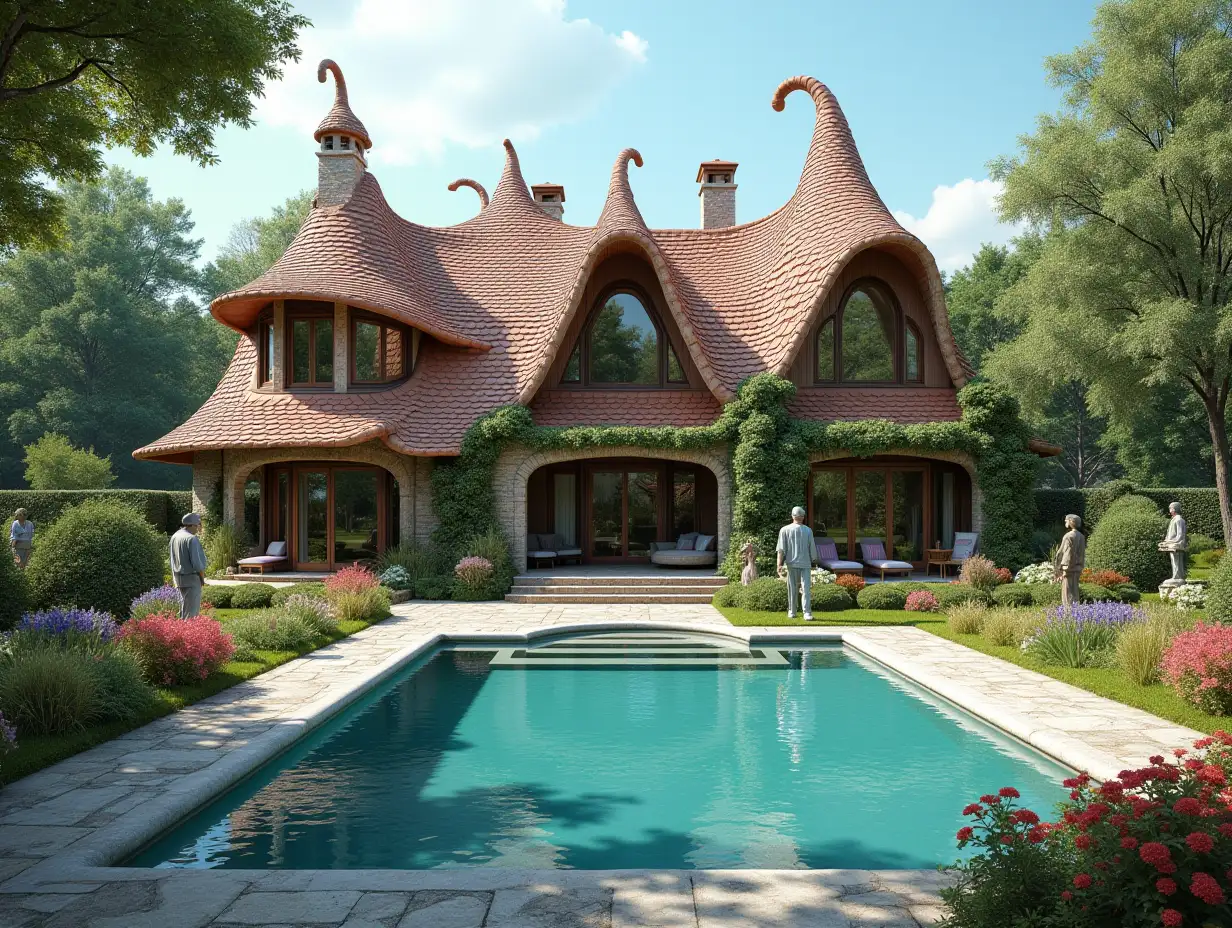 Create a house with twisted roof with people, with a large garden and pool with a large, colorful bushes and statues