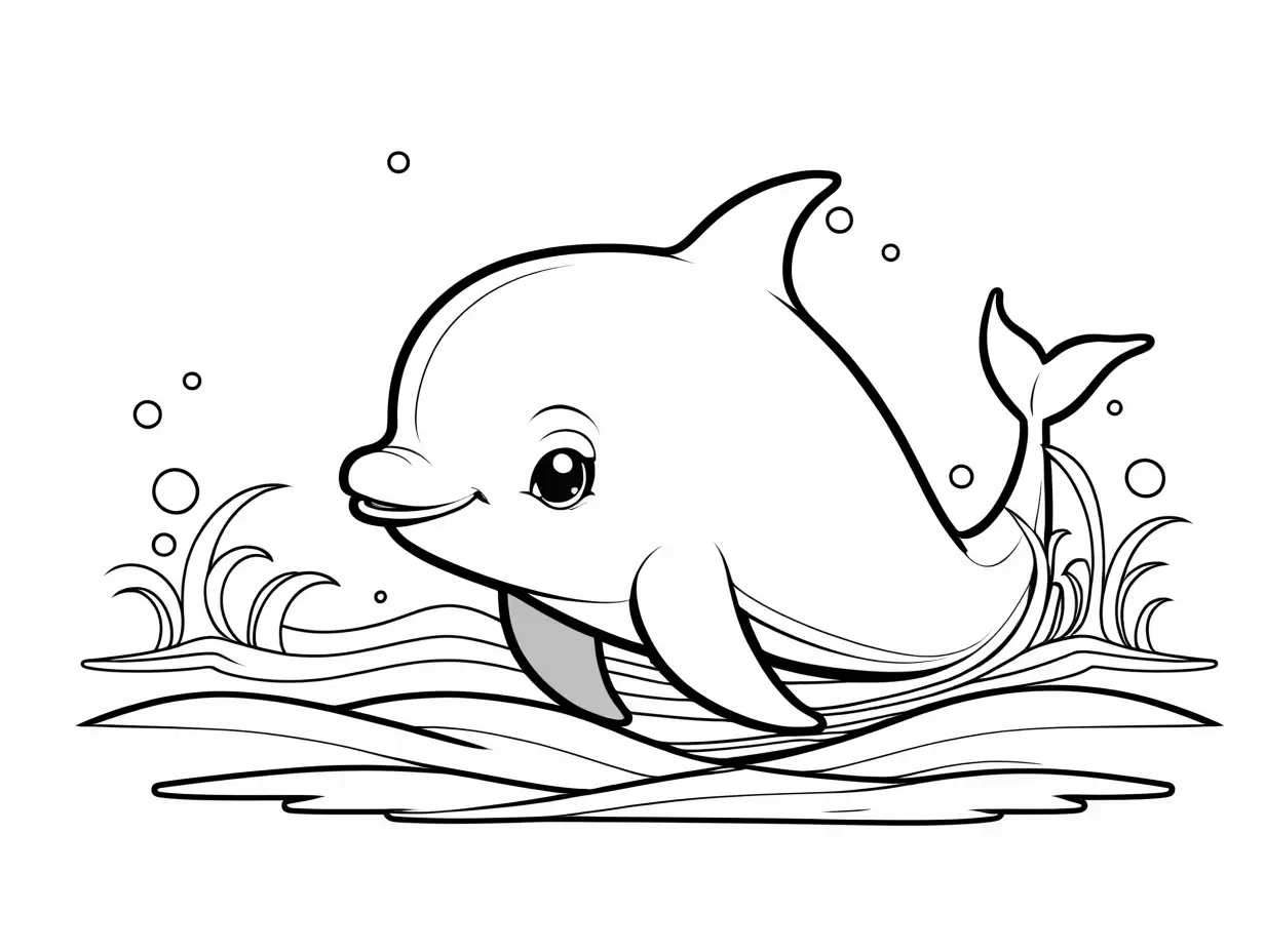 a chibi style of a cute little dolphin in the ocean with white background , Coloring Page, black and white, line art, white background, Simplicity, Ample White Space. The background of the coloring page is plain white to make it easy for young children to color within the lines. The outlines of all the subjects are easy to distinguish, making it simple for kids to color without too much difficulty