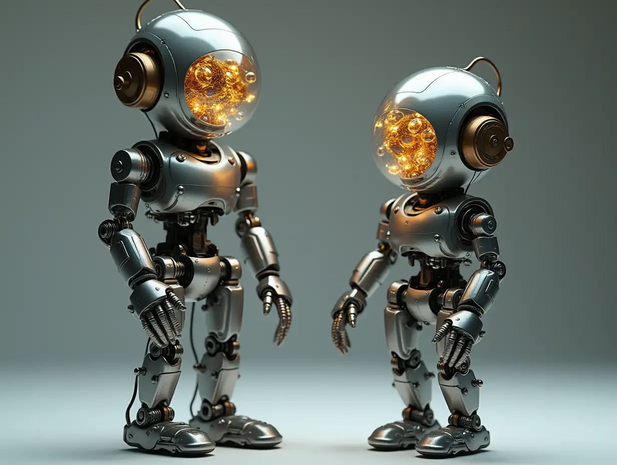 Create a high-resolution, realistic image of artificial intelligence: Robert, two meters and a robot one meter high, with gears on arms and legs, gears on cheeks and a glass head with visible gold plated brain, screws with many gears and many small glass balls on the photo studio floor at 4-k resolution