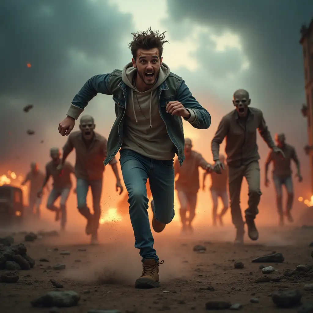 A dynamic image of a young man with an energetic expression, running away from a group of zombies in a fast-paced, action-packed scene. The background features dark, ominous clouds and scattered debris, with vibrant lighting highlighting the motion. The person has a casual, modern outfit and looks determined, with a sense of urgency and excitement.