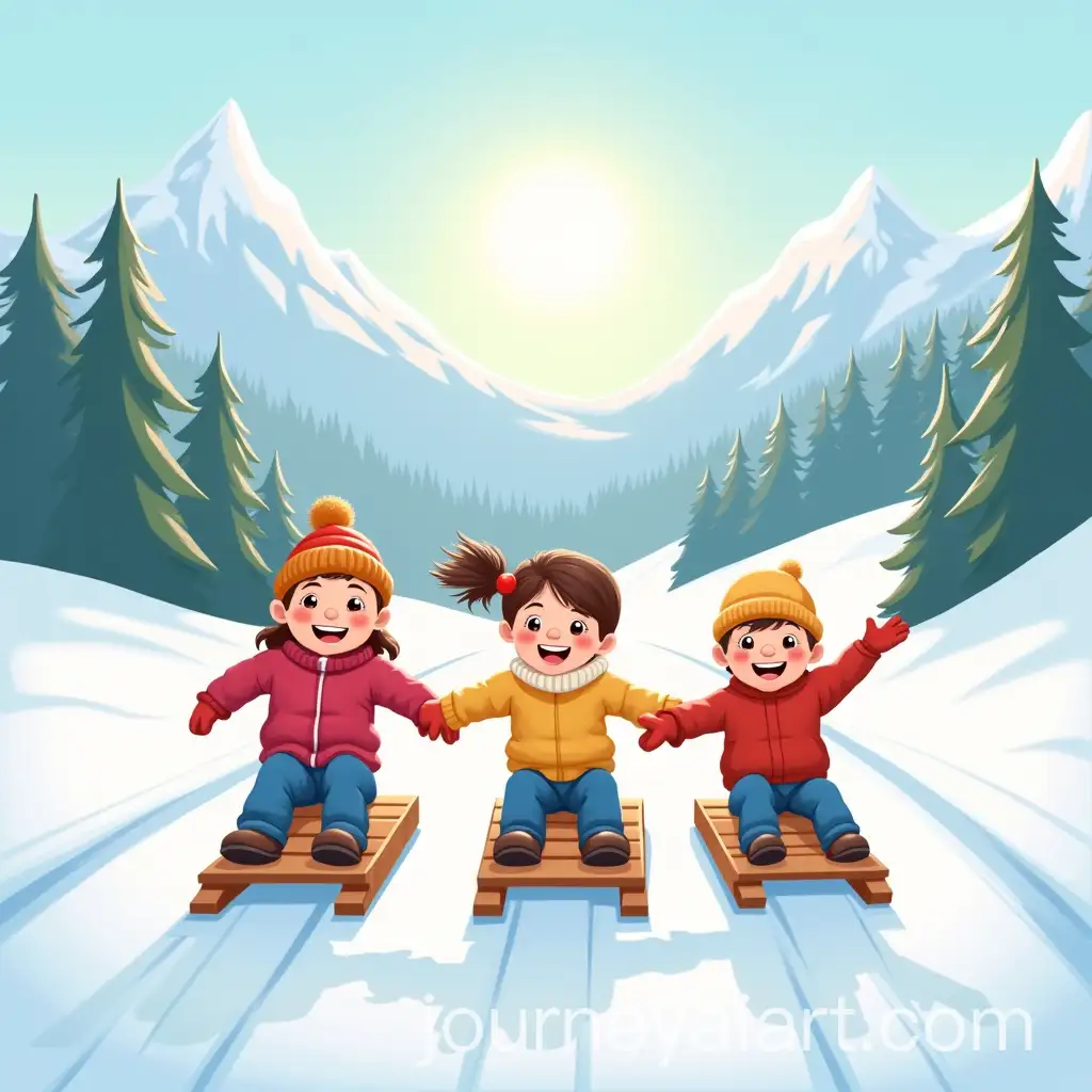Children-Enjoying-Sledding-in-Snowy-Forest-with-Majestic-Mountains