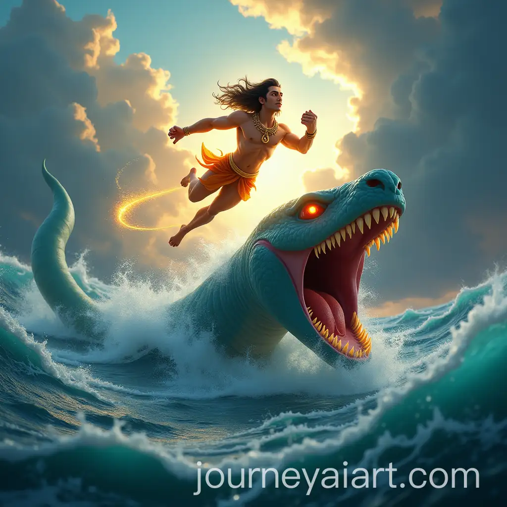Hanuman-Flying-Over-Stormy-Ocean-with-Surasa-Rising-Below-in-PixarStyle-Action-Scene