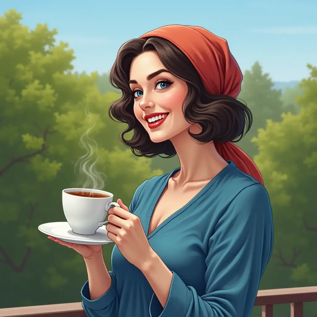 On the balcony a joyful curvy woman holds a cup of tea, European woman, Russian young woman, brunet, a headscarf, perfect body, brunet short hair, red lipstick, blue eyes, black eyebrows, blue dress, green trees on the background, clear blue sky, pictorial style