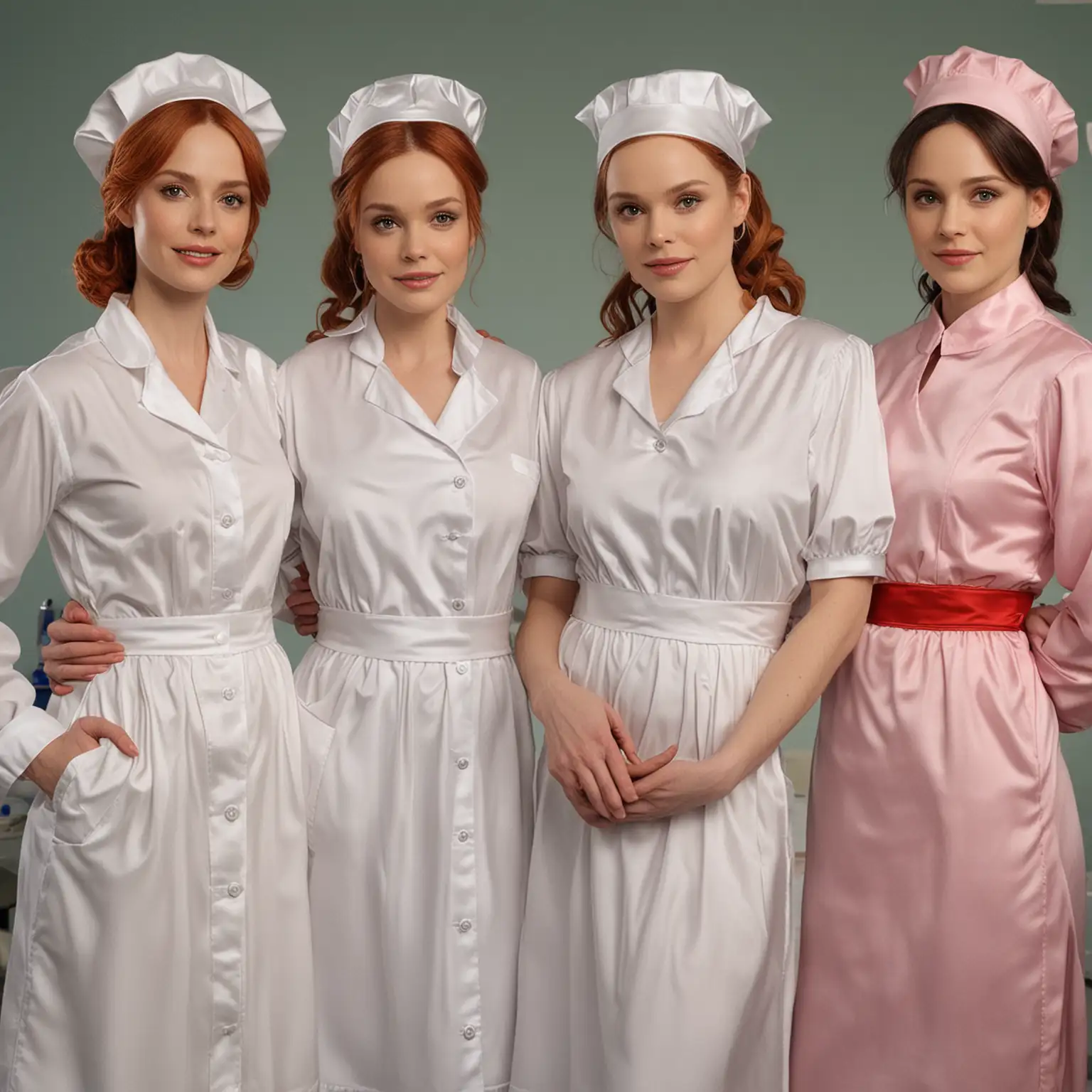 Mothers and Daughters in Modern Nurse Uniforms with Aprons and Caps