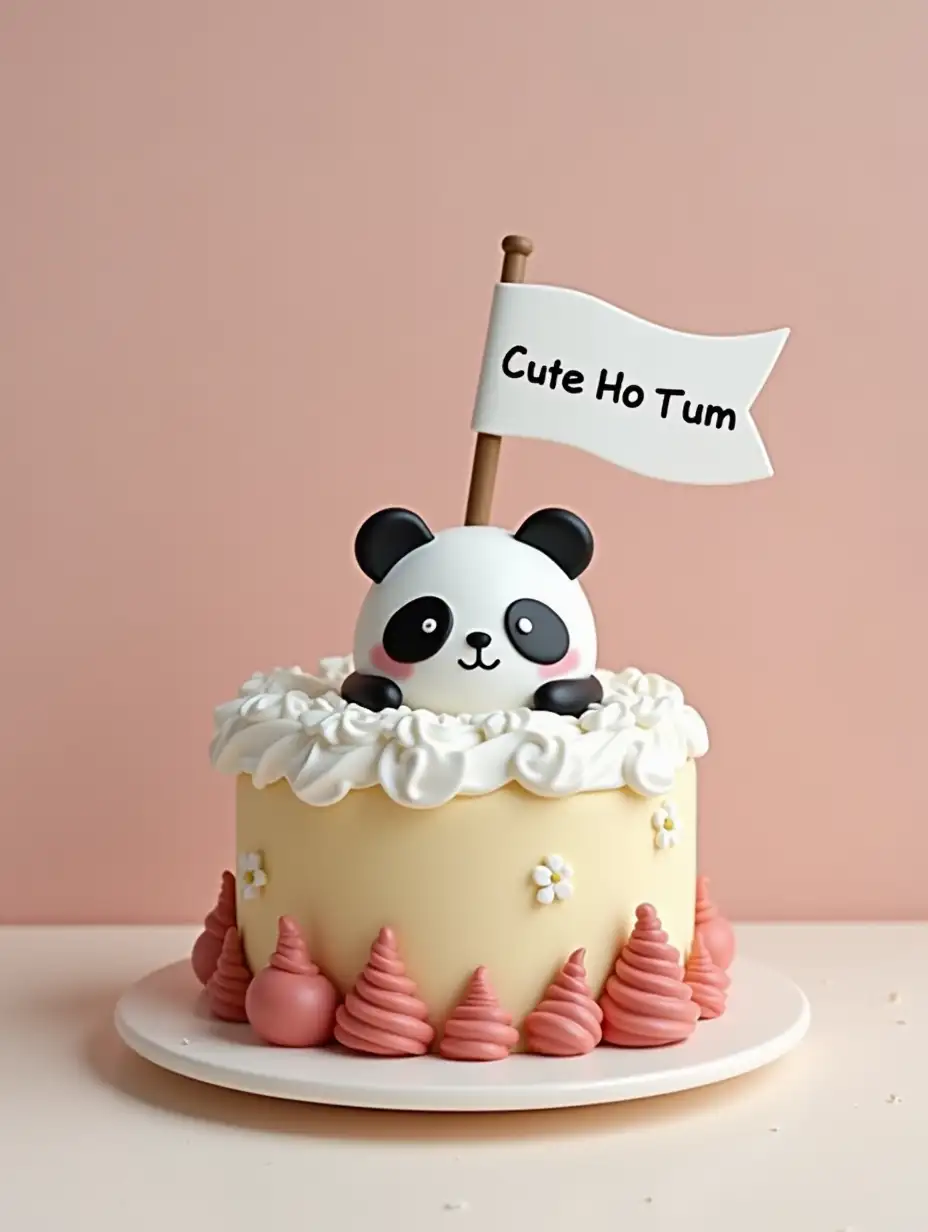 A soft and cute panda cake with a flag reading, 'Cute Ho Tum'