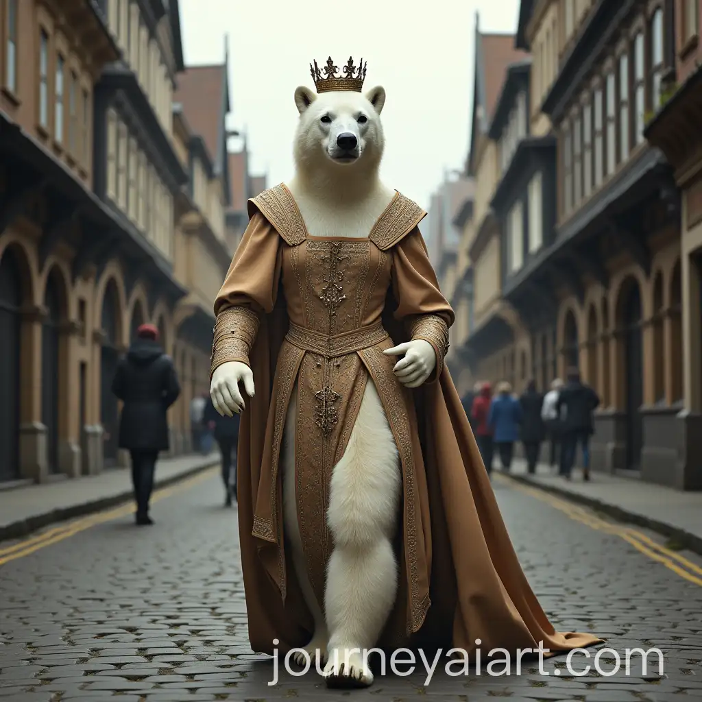 Majestic-British-Queen-with-Polar-Bear-Head-Strolling-Medieval-London-Streets