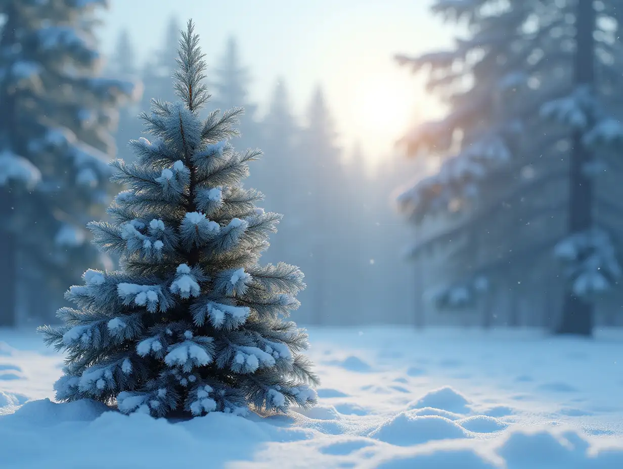 Image generated with AI. Christmas fir tree in snowy winter landscape