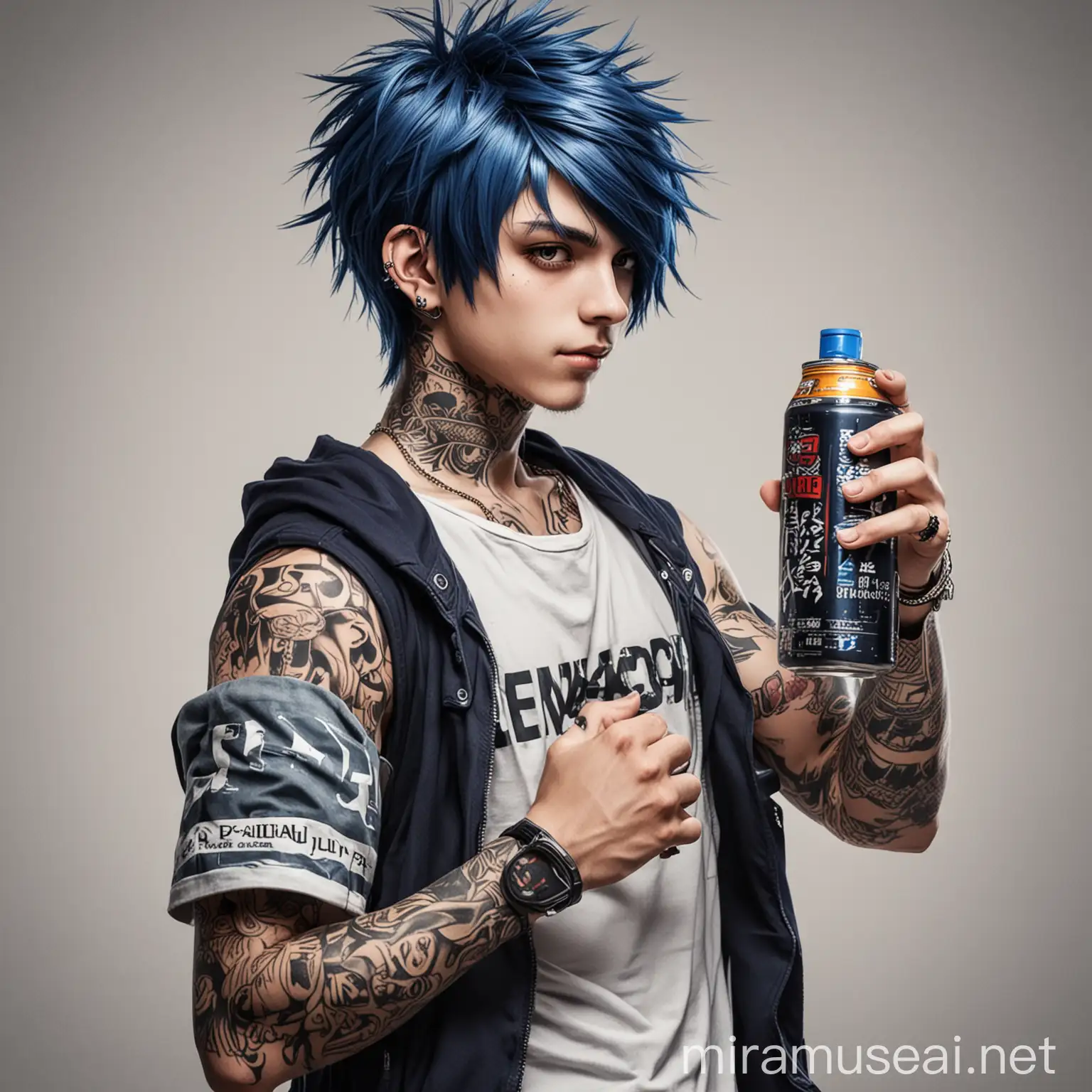 Anime Bad Boy with Blue Hair Holding Energy Drink