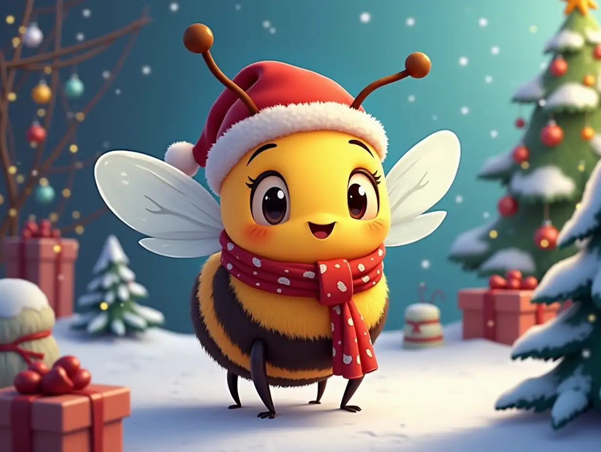 Create a cartoon bee with the nickname 'ubees', which is located in the world of GTA 5. The character should be surrounded by Christmas decorations and a festive atmosphere. The background should include winter elements such as a Christmas tree, garlands and snowflakes. Use bright and festive colors to create a cheerful and festive atmosphere.