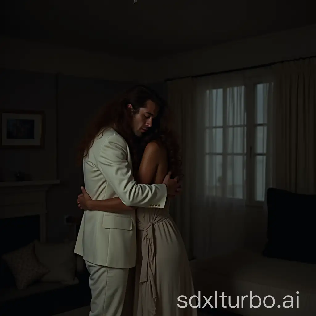 Tired-Man-in-White-Suit-Embraces-Beautiful-Woman-in-Mystical-Living-Room