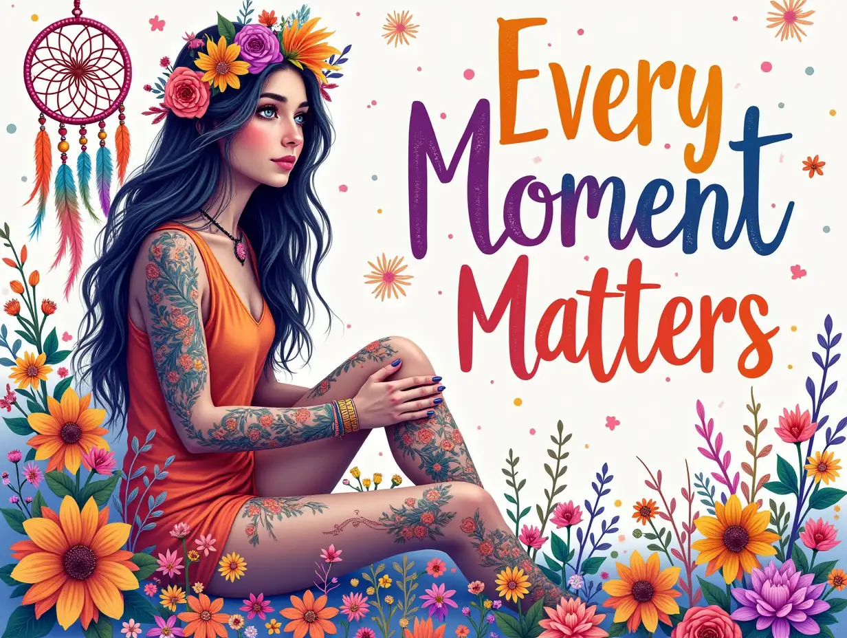 hand drawn art, seamless design. Create a vibrant, hyperrealistic image of an enchanted woman sitting amidst a burst of colorful flowers, including sunflowers, roses, and wildflowers. She has intricate tattoos on her arms and legs and long, flowing hair adorned with floral accents, exuding a bohemian vibe. In the background, include a dreamy dreamcatcher with colorful feathers and beads, alongside a cascade of pastel-colored drips that evoke movement. Use bright, cheerful colors blending pinks, blues, purples, and yellows to create a warm, inviting atmosphere. The text 'Every Moment Matters' should be written in bold, colorful letters, with a neon effect. The background should be filled with glitter and other decorative elements.